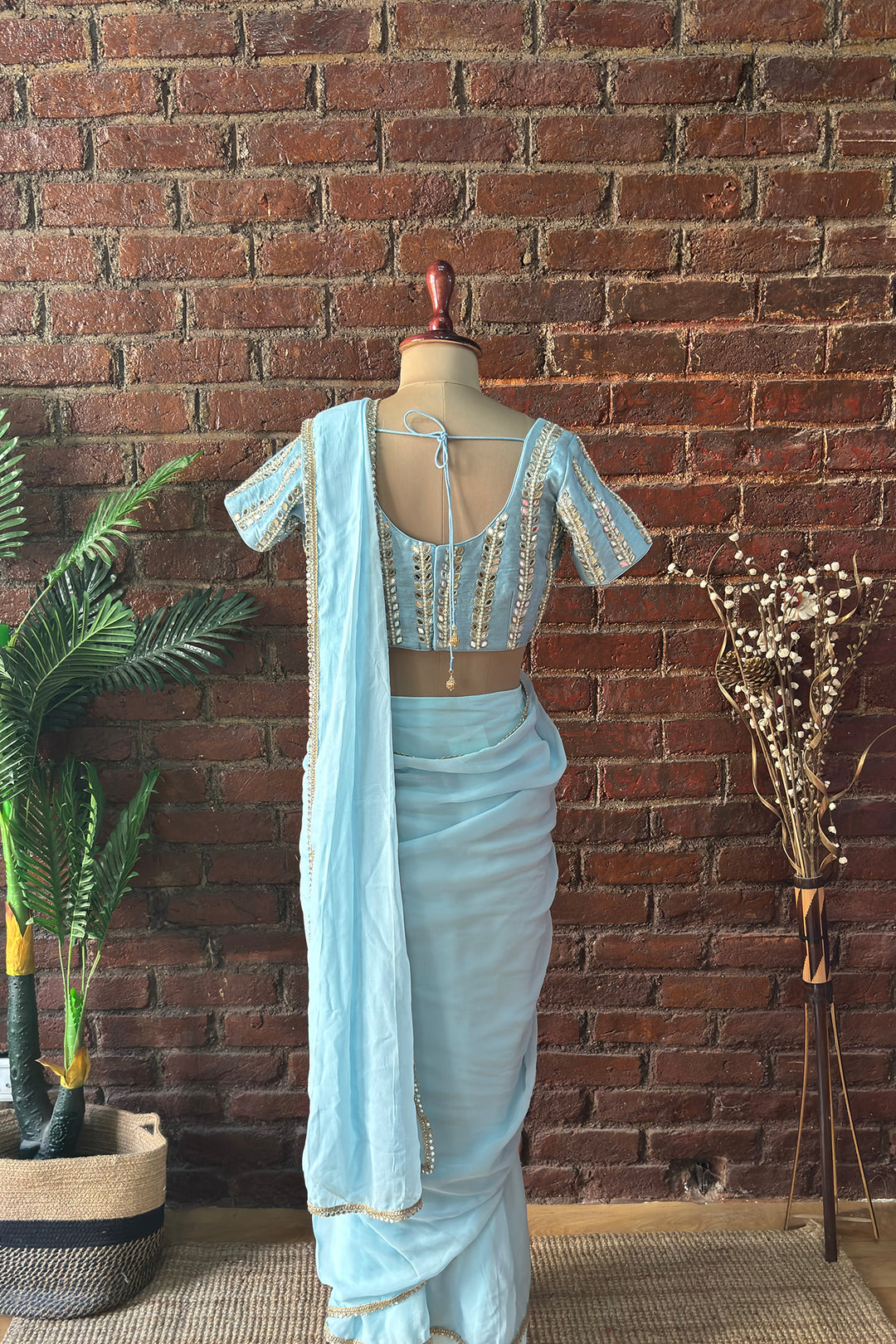 Sky Blue Pre-Draped Saree With Mirror Work Blouse