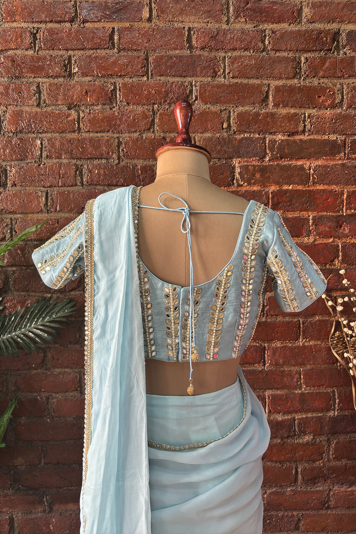 Sky Blue Pre-Draped Saree With Mirror Work Blouse