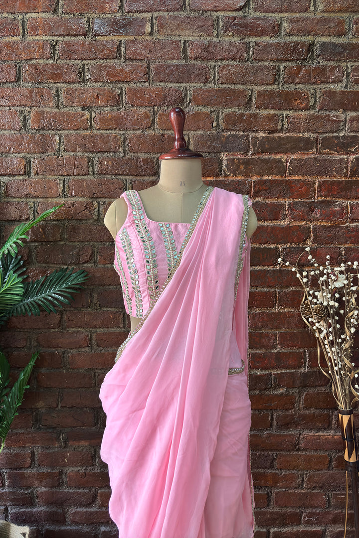 Pink Pre-Draped Saree With Mirror Work Blouse