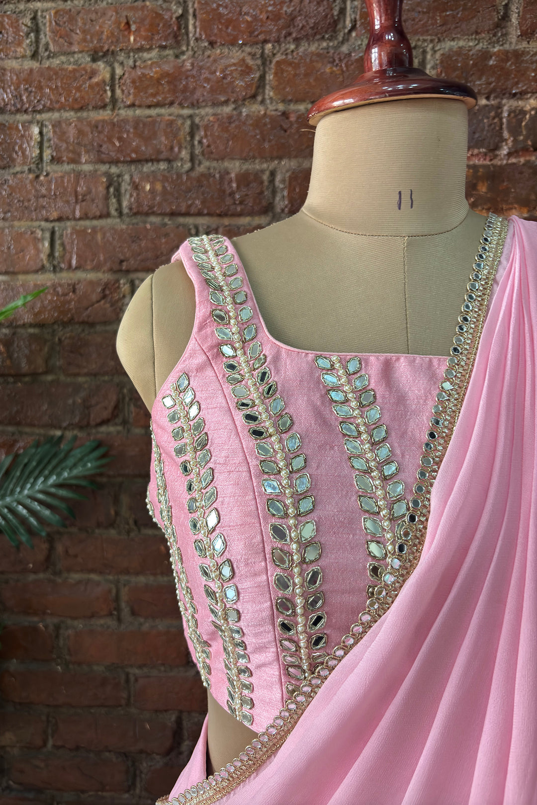 Pink Pre-Draped Saree With Mirror Work Blouse
