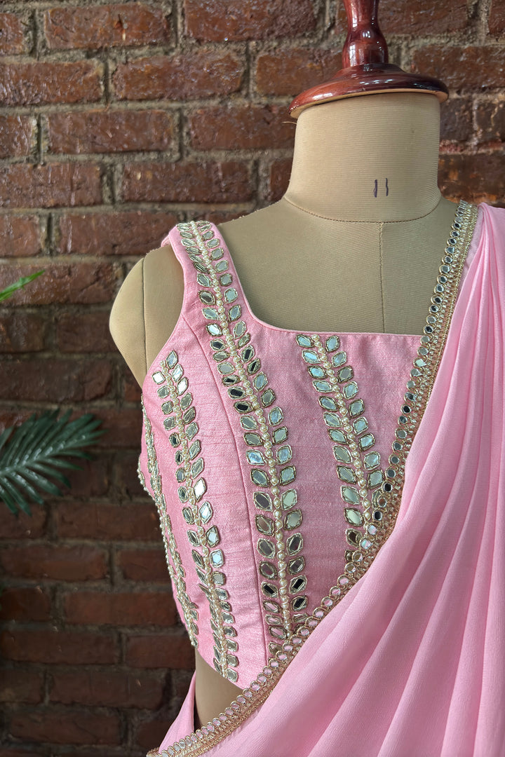 Pink Pre-Draped Saree With Mirror Work Blouse
