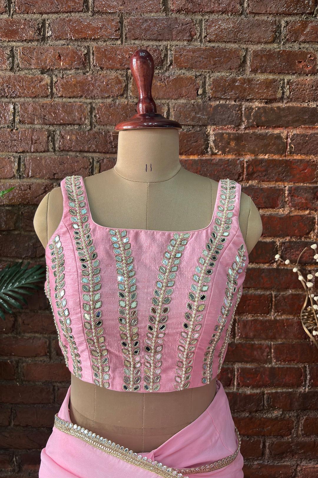 Pink Pre-Draped Saree With Mirror Work Blouse