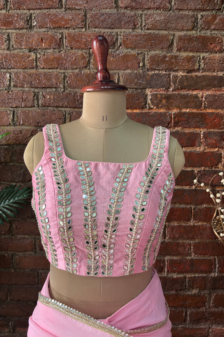 Pink Pre-Draped Saree With Mirror Work Blouse