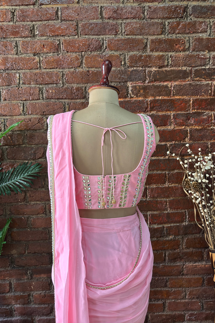 Pink Pre-Draped Saree With Mirror Work Blouse
