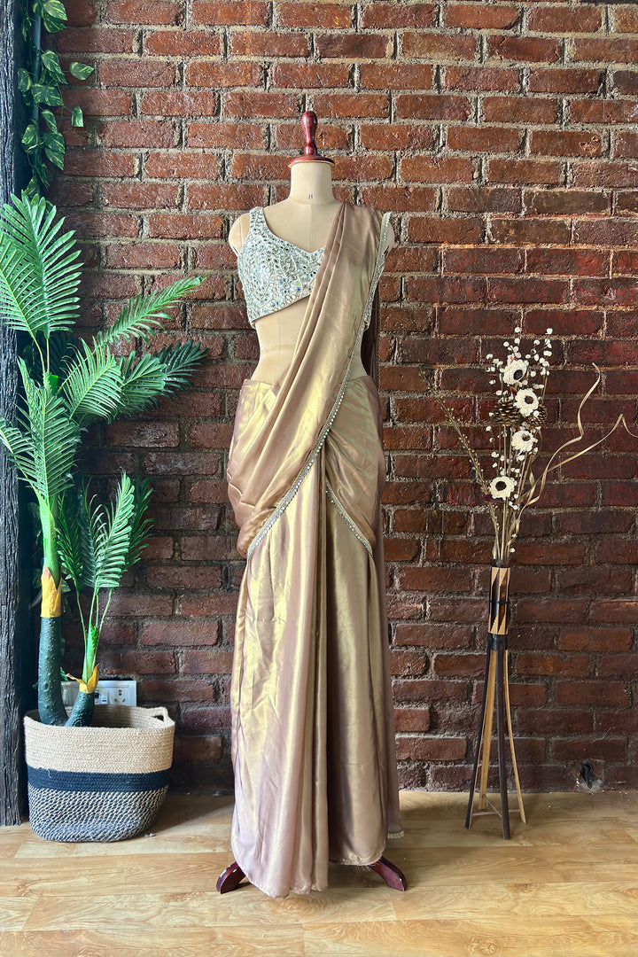 Bronze Shimmer Pre-Stitched Saree With Mirror Blouse