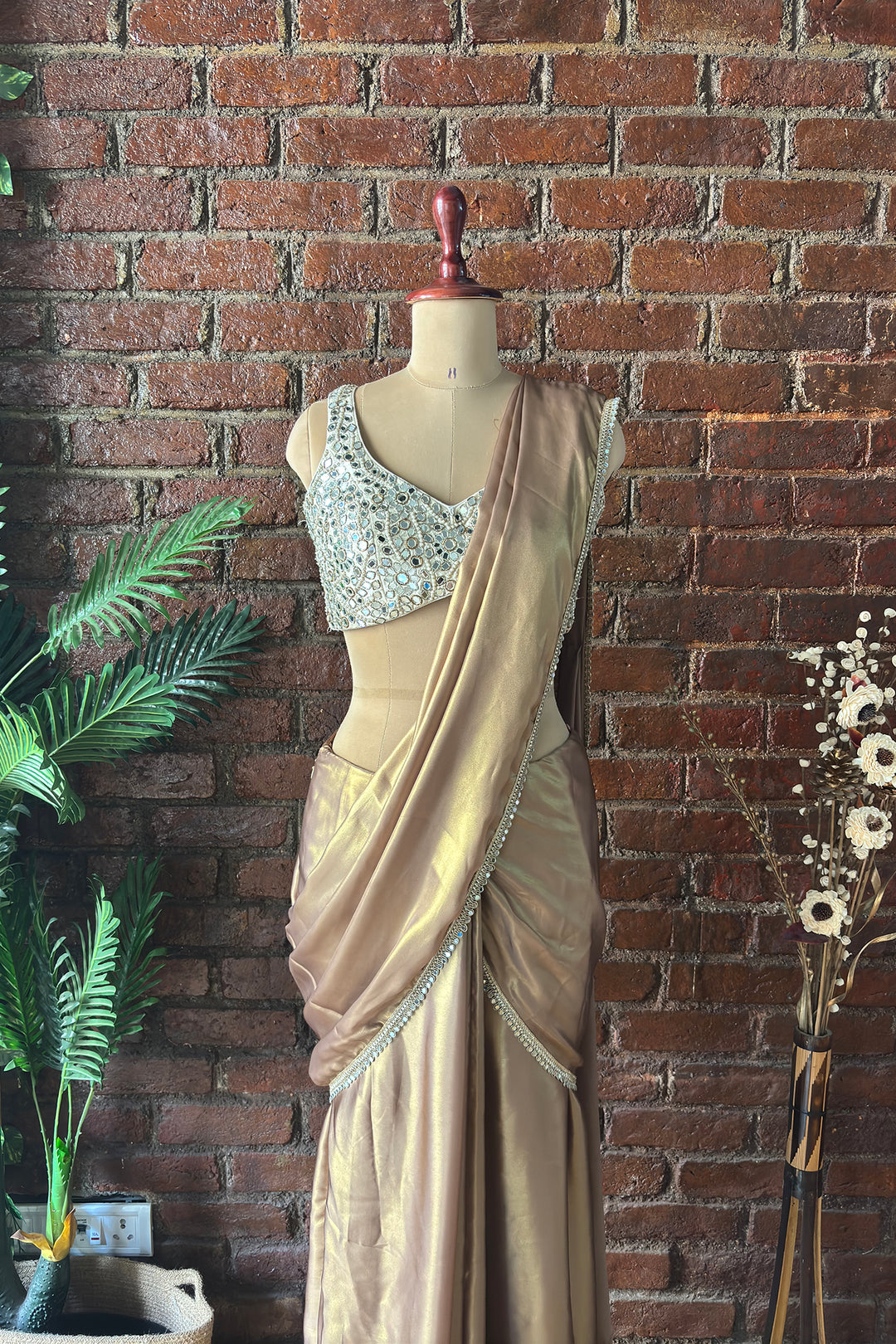 Bronze Shimmer Pre-Stitched Saree With Mirror Blouse