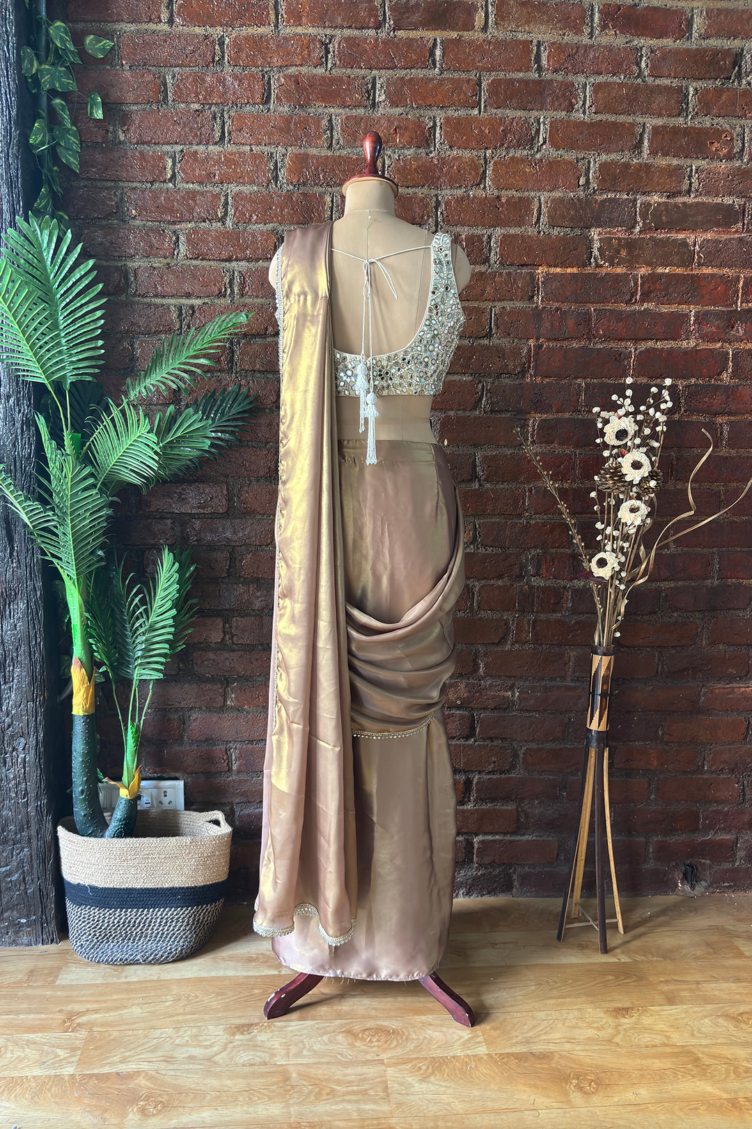 Bronze Shimmer Pre-Stitched Saree With Mirror Blouse