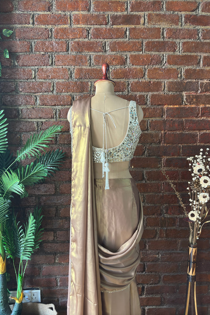 Bronze Shimmer Pre-Stitched Saree With Mirror Blouse