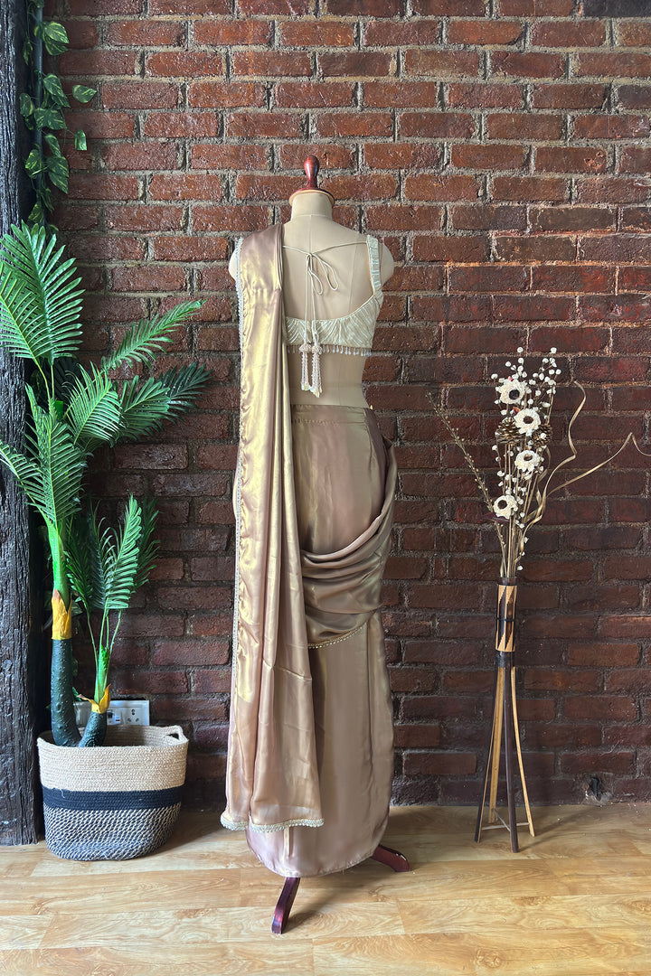 Bronze Shimmer Pre-Stitched Saree With Gota Work Blouse