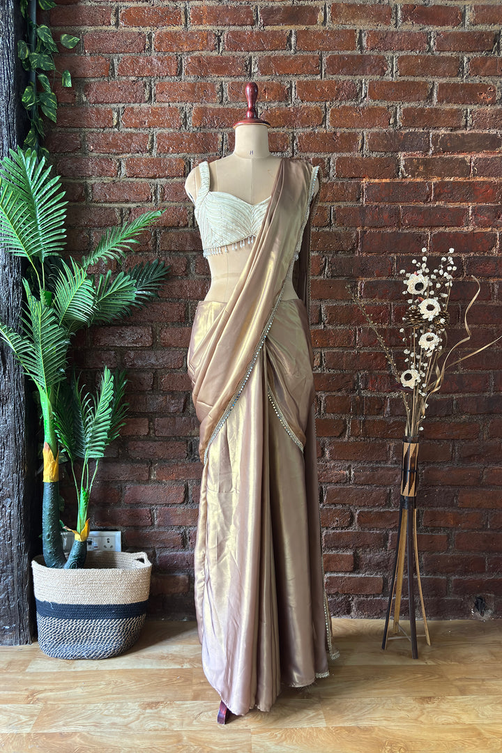 Bronze Shimmer Pre-Stitched Saree With Gota Work Blouse