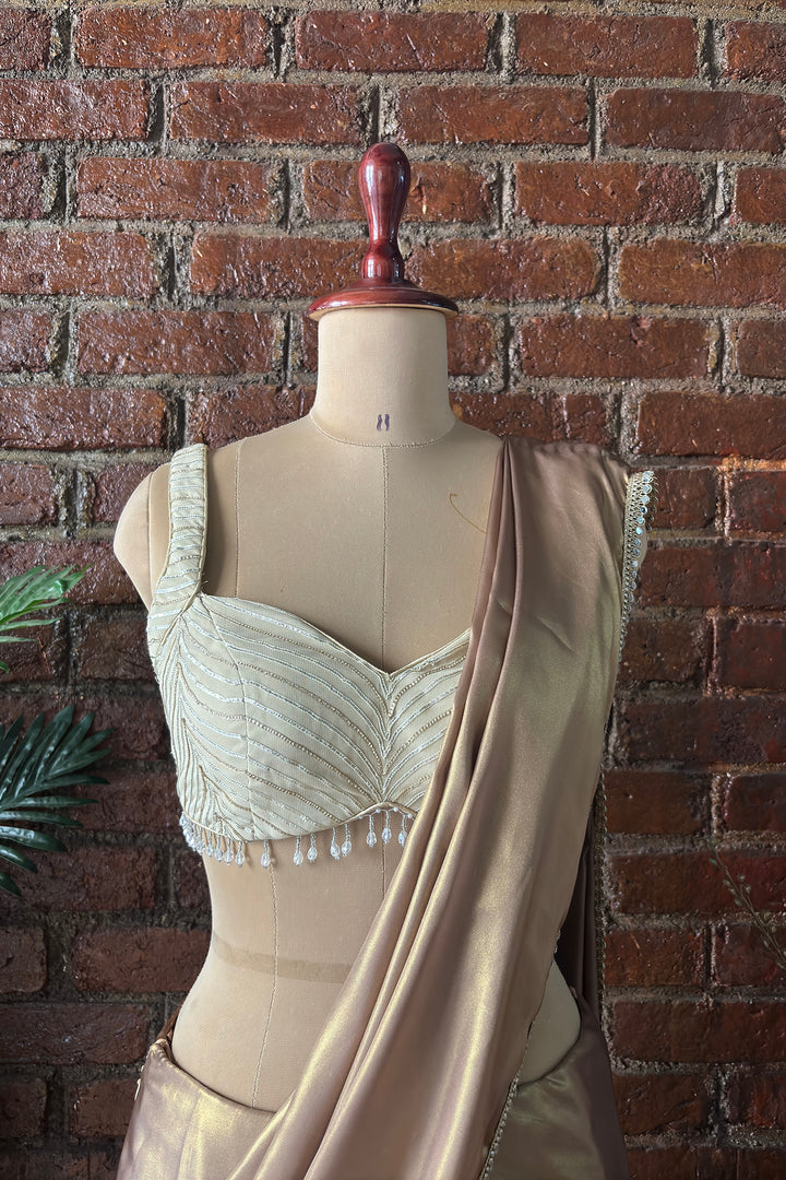 Bronze Shimmer Pre-Stitched Saree With Gota Work Blouse