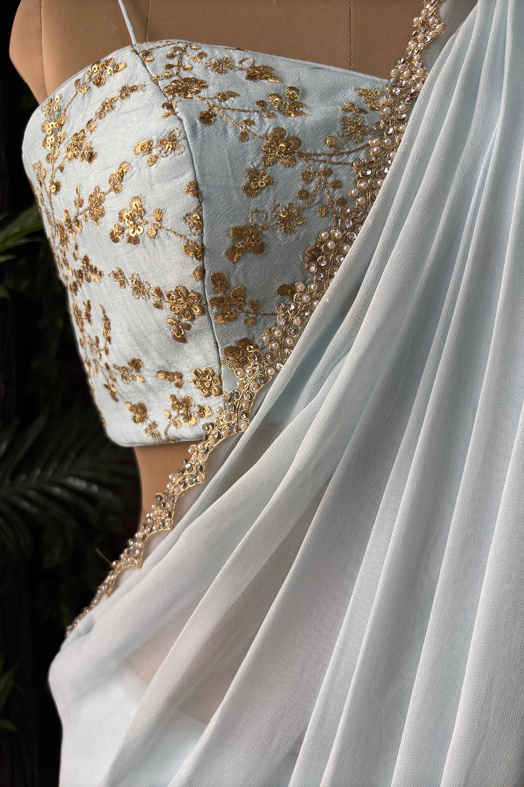 Powder Blue Pre-Draped Saree With Zari Work Bustier