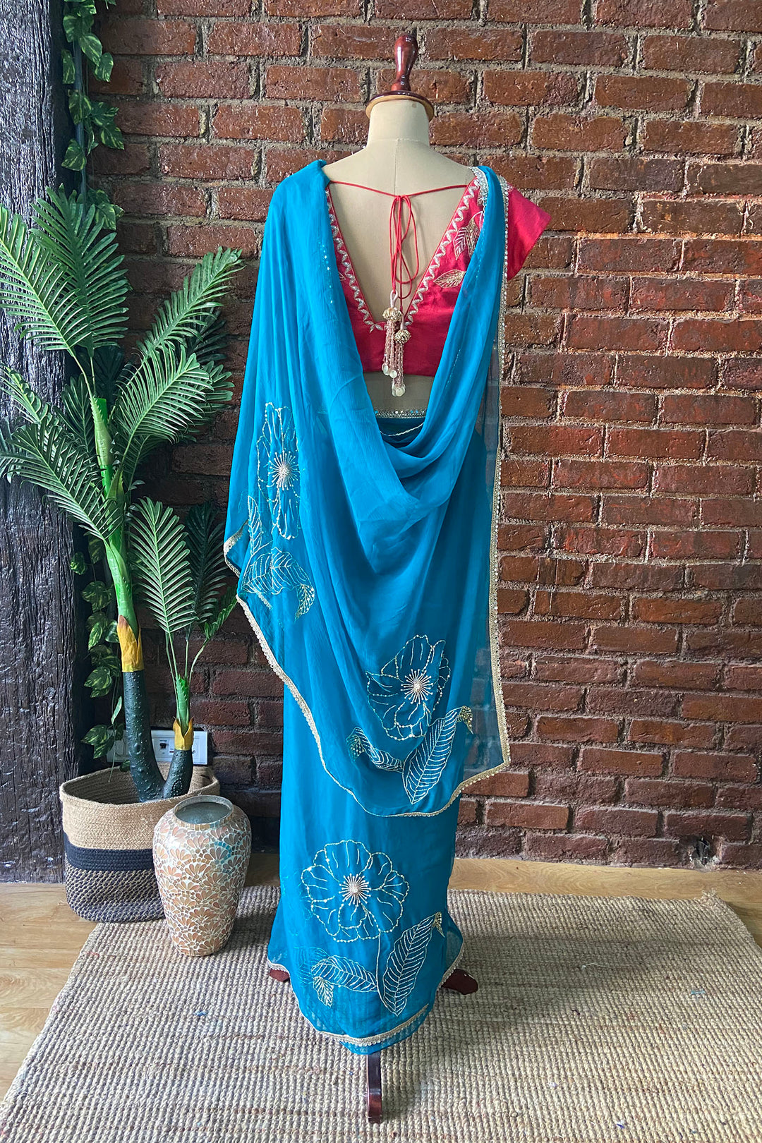 Teal Chiffon Embroidered Saree