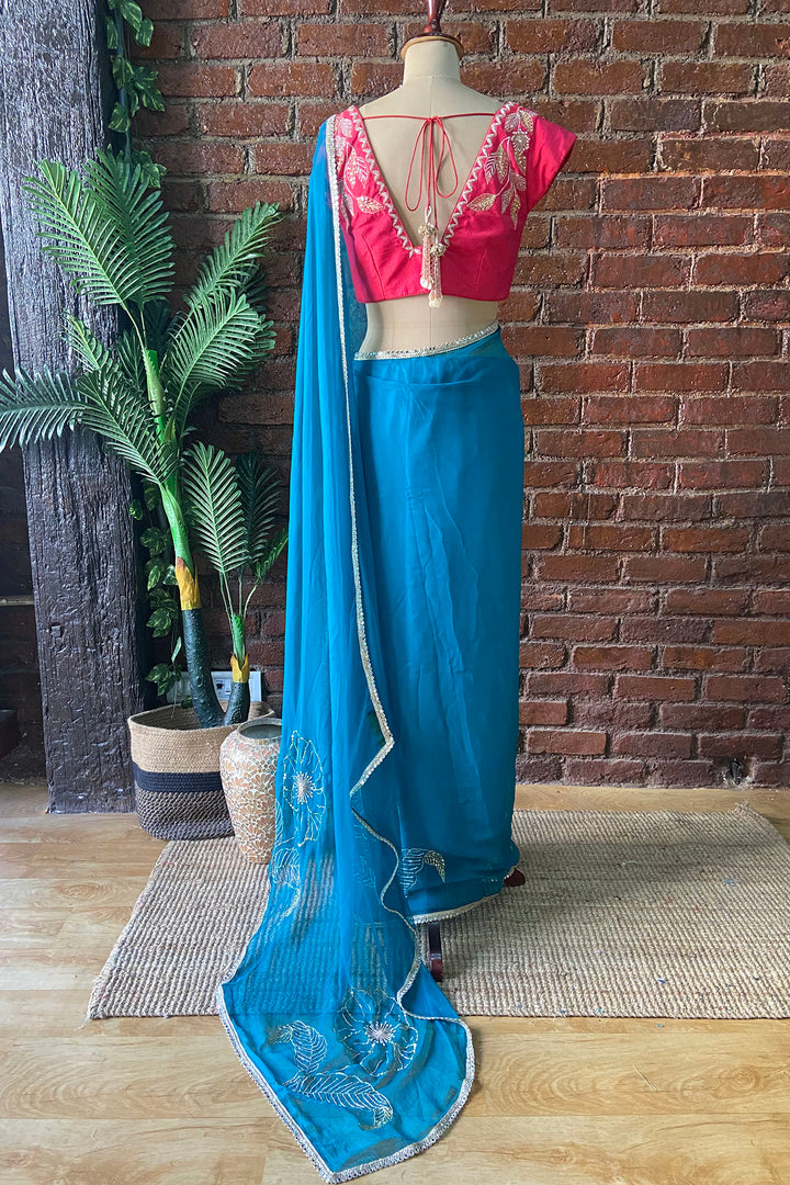 Teal Chiffon Embroidered Saree