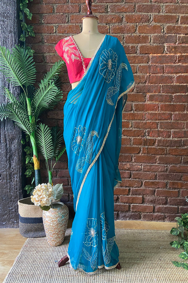 Teal Chiffon Embroidered Saree
