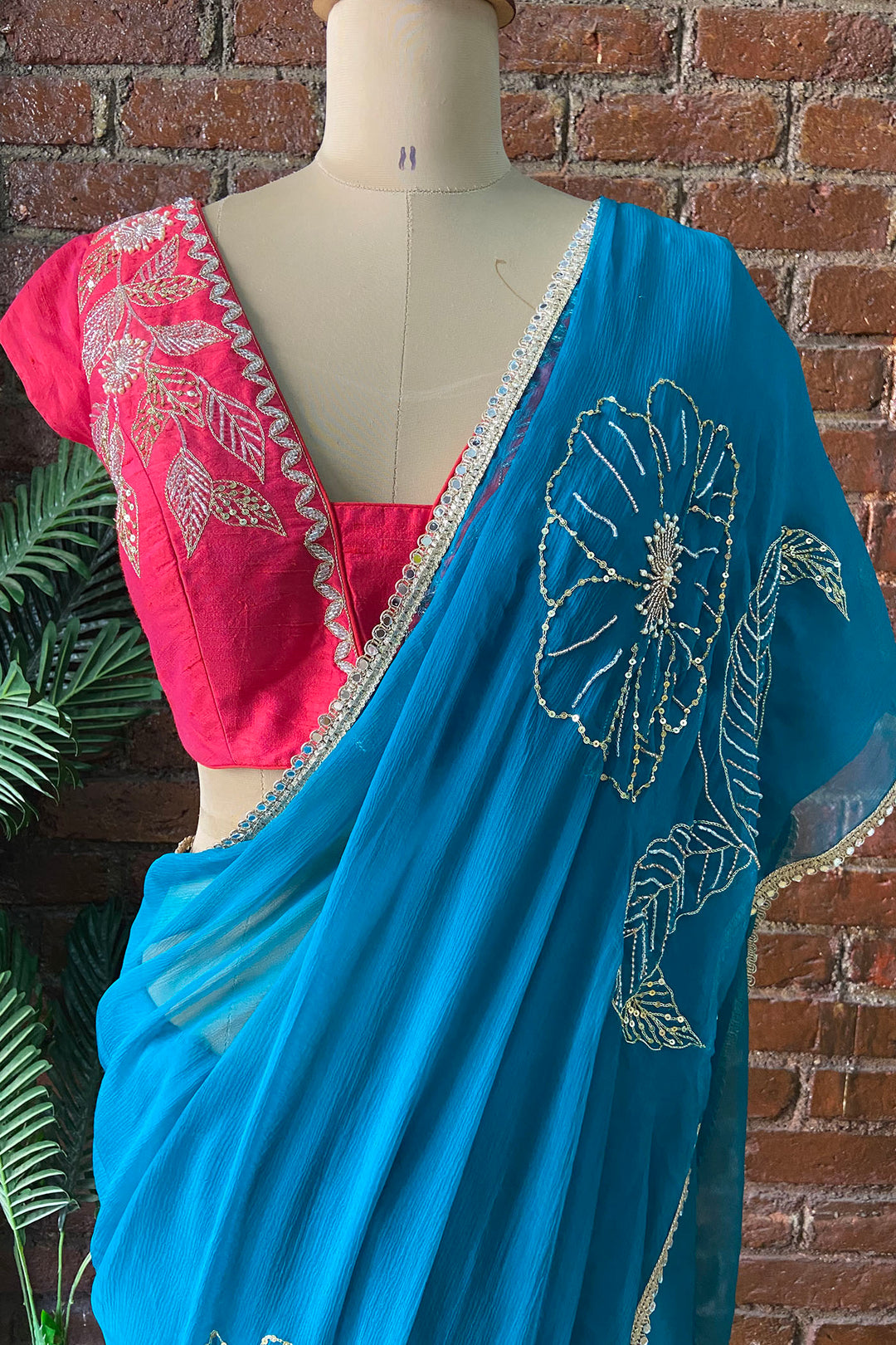 Teal Chiffon Embroidered Saree