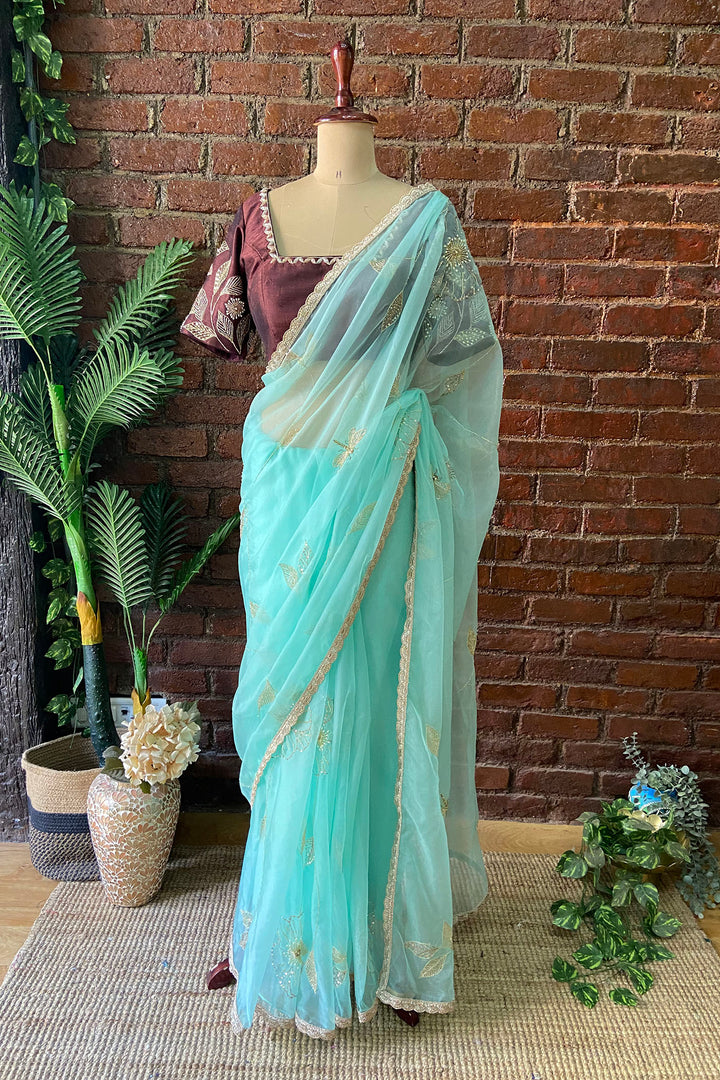 Ice Blue Organza Embroidered Saree
