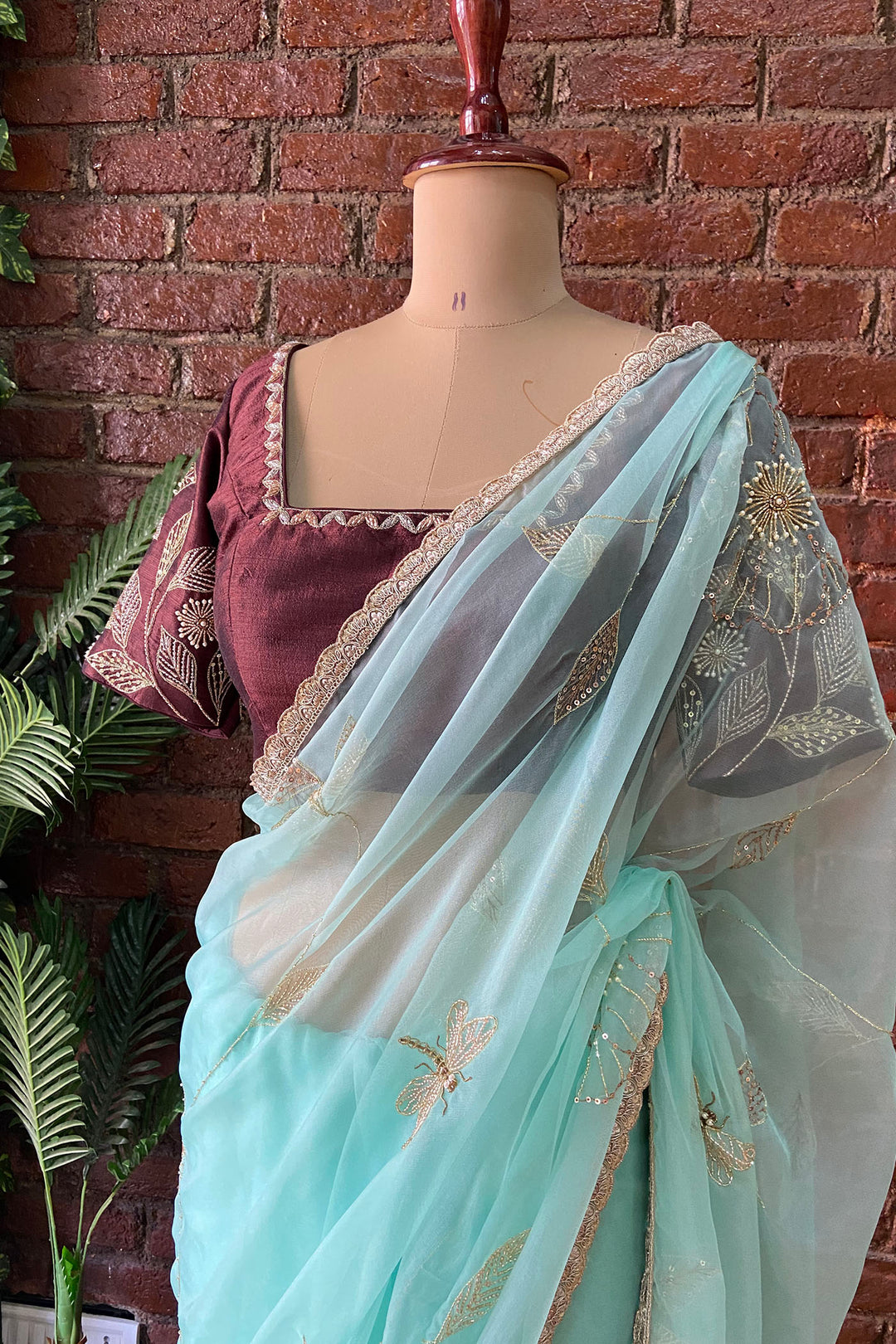 Ice Blue Organza Embroidered Saree