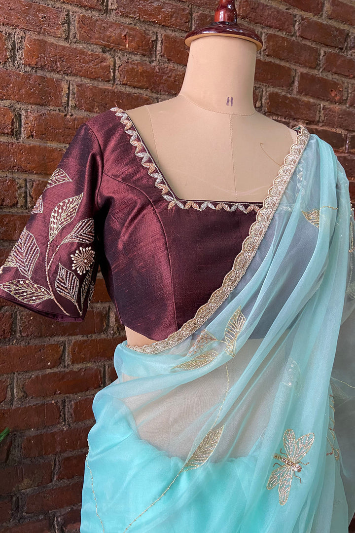 Ice Blue Organza Embroidered Saree