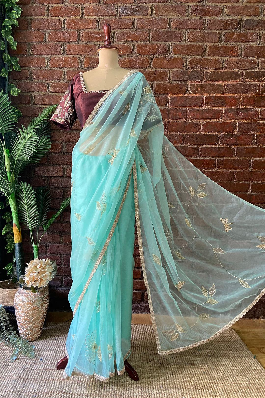 Ice Blue Organza Embroidered Saree