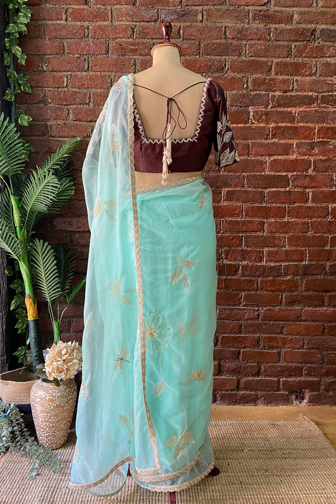 Ice Blue Organza Embroidered Saree