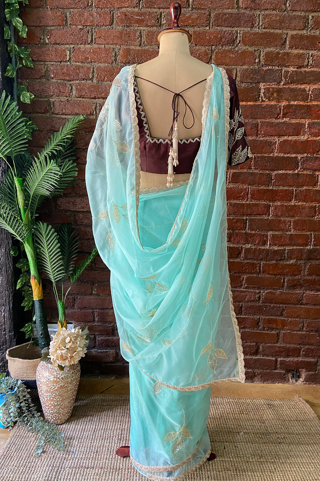 Ice Blue Organza Embroidered Saree