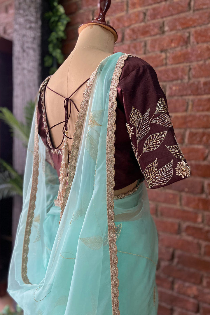 Ice Blue Organza Embroidered Saree
