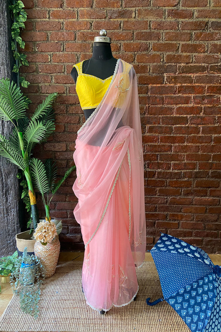Pink Organza Embroidered Saree