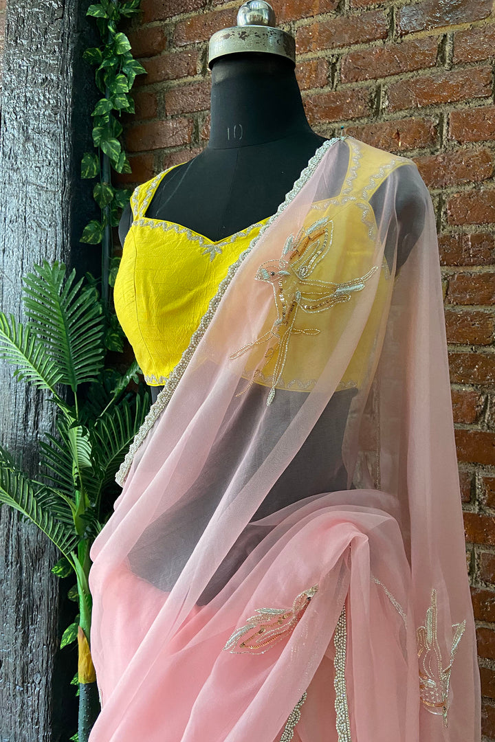 Pink Organza Embroidered Saree
