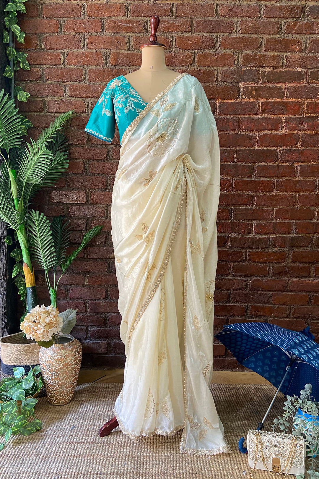 Ivory Tissue Embroidered Saree