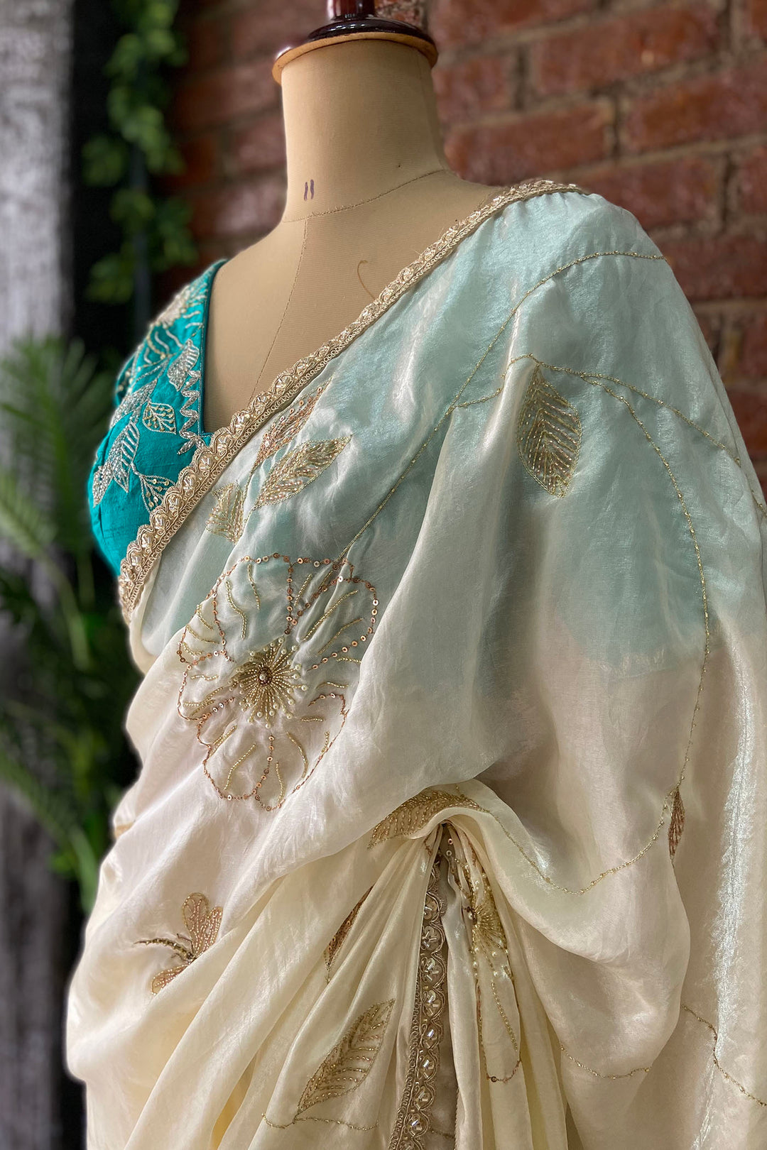 Ivory Tissue Embroidered Saree