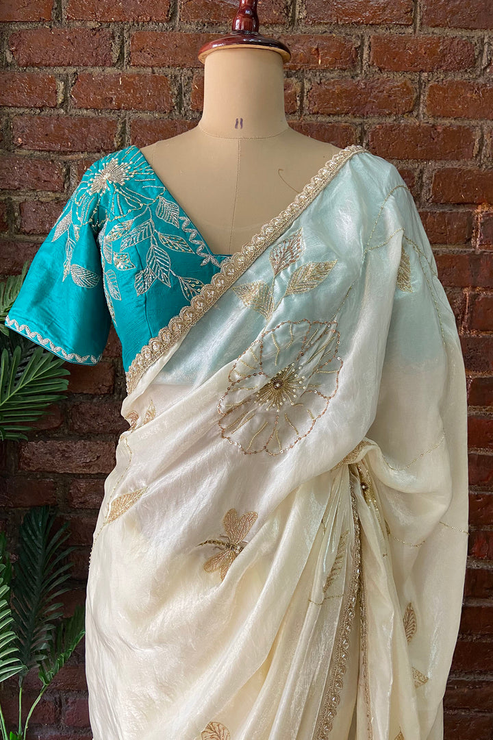 Ivory Tissue Embroidered Saree