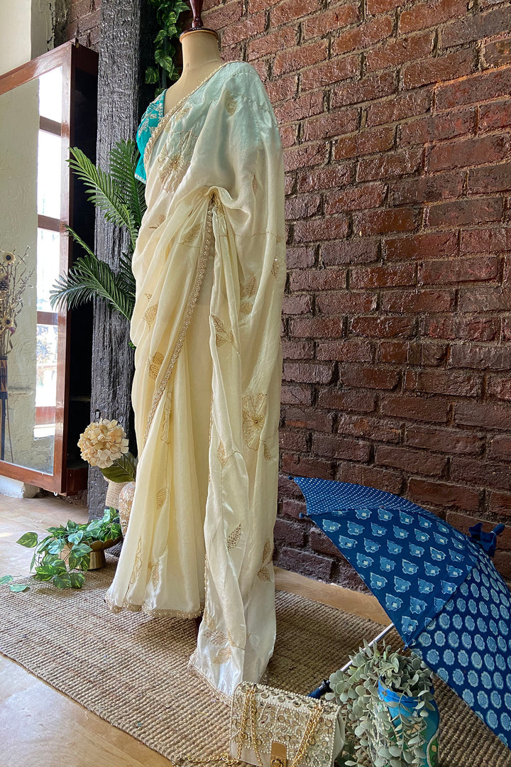 Ivory Tissue Embroidered Saree