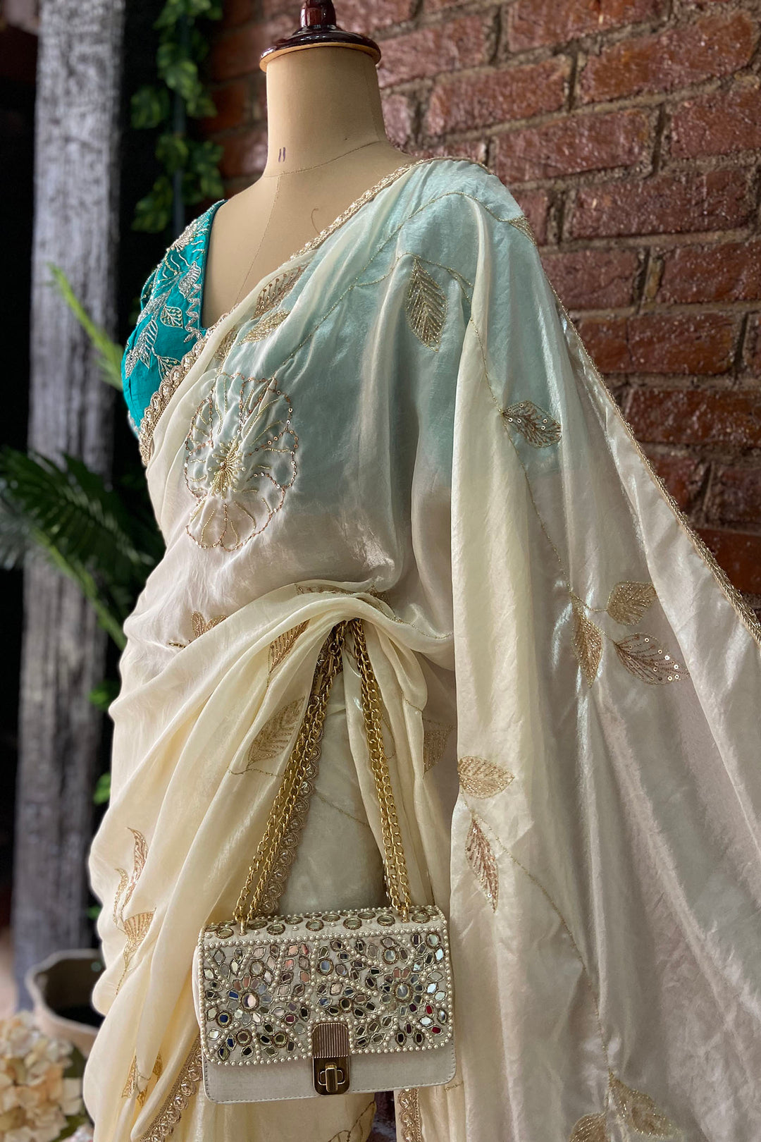 Ivory Tissue Embroidered Saree
