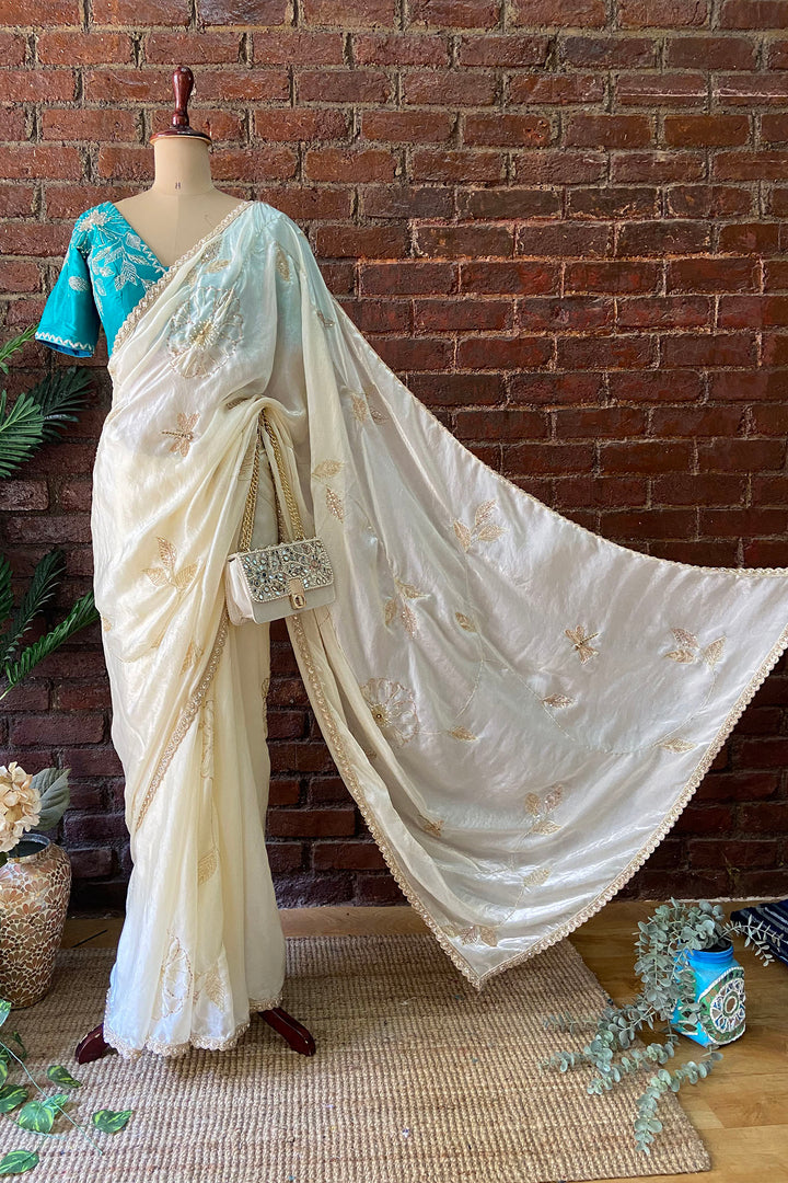 Ivory Tissue Embroidered Saree