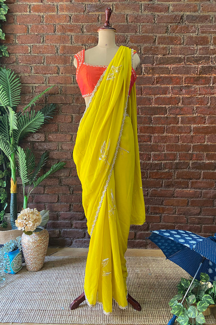 Mustard Georgette Embroidered Saree