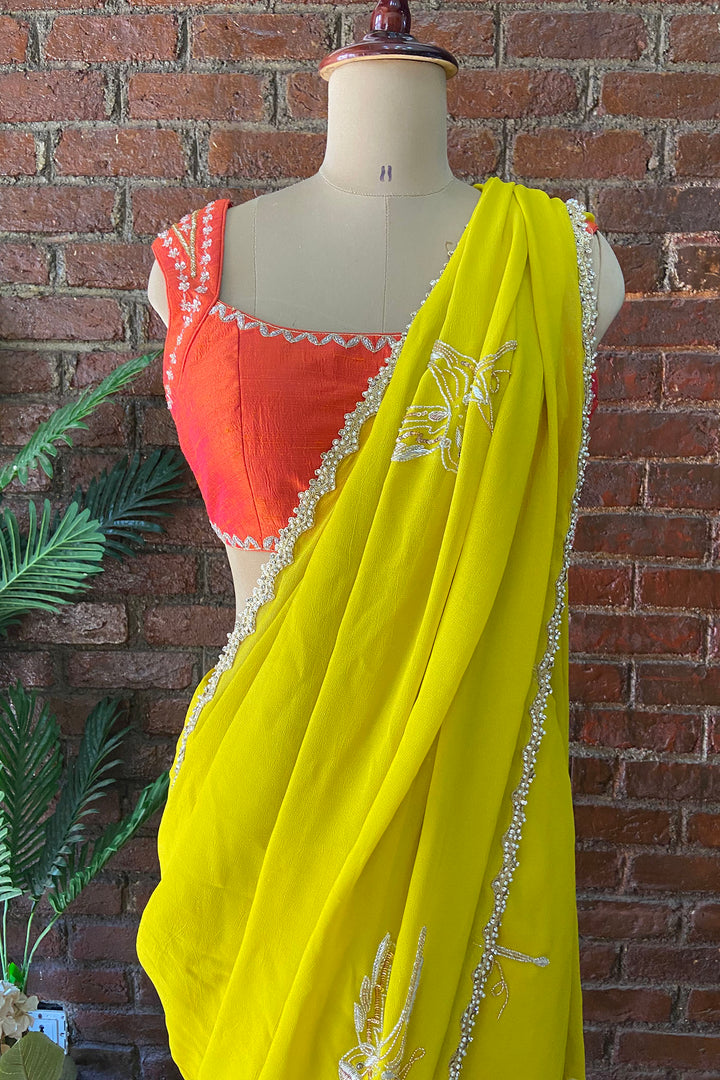 Mustard Georgette Embroidered Saree