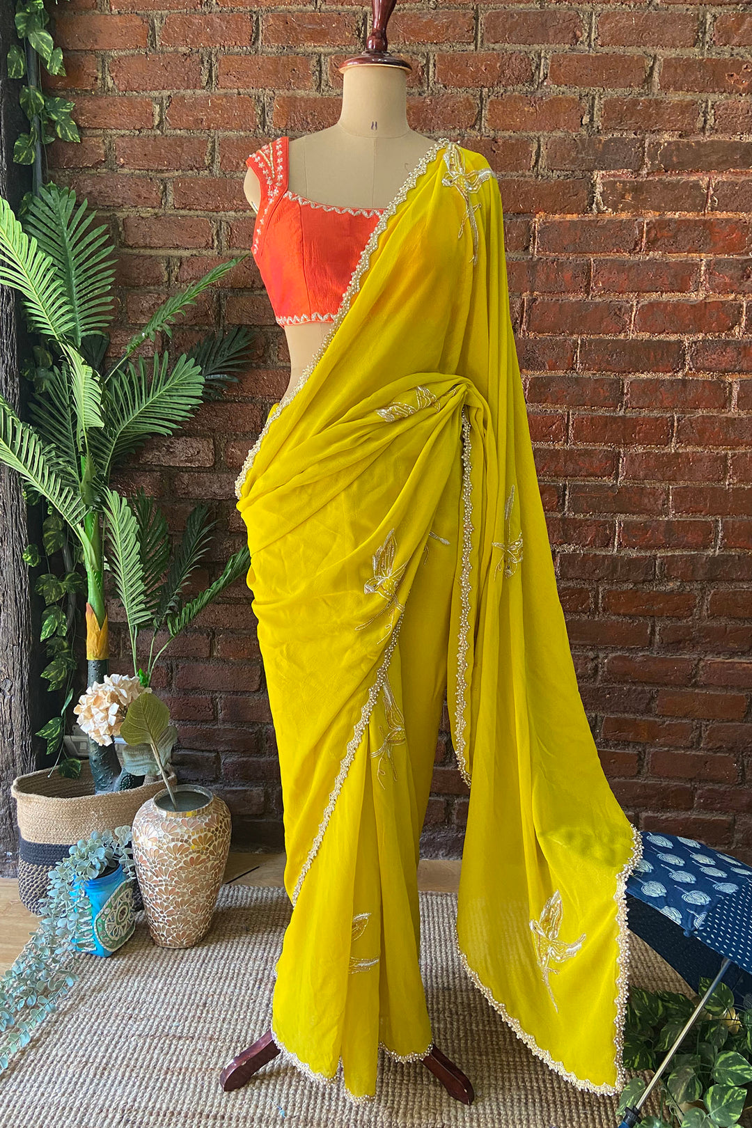 Mustard Georgette Embroidered Saree
