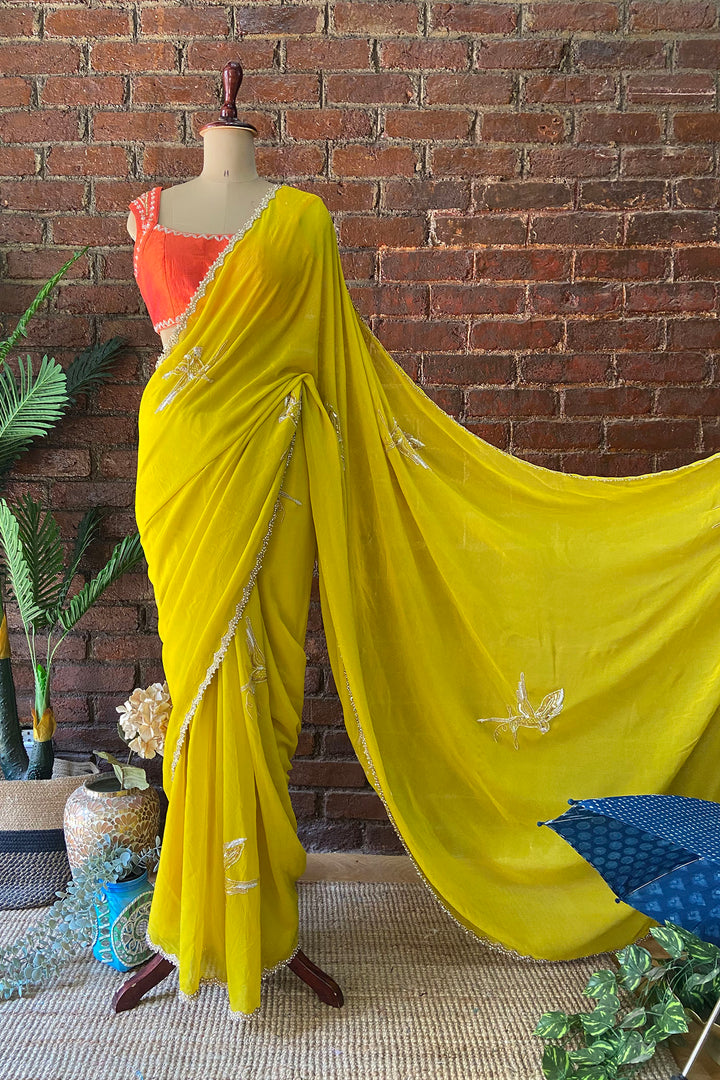 Mustard Georgette Embroidered Saree