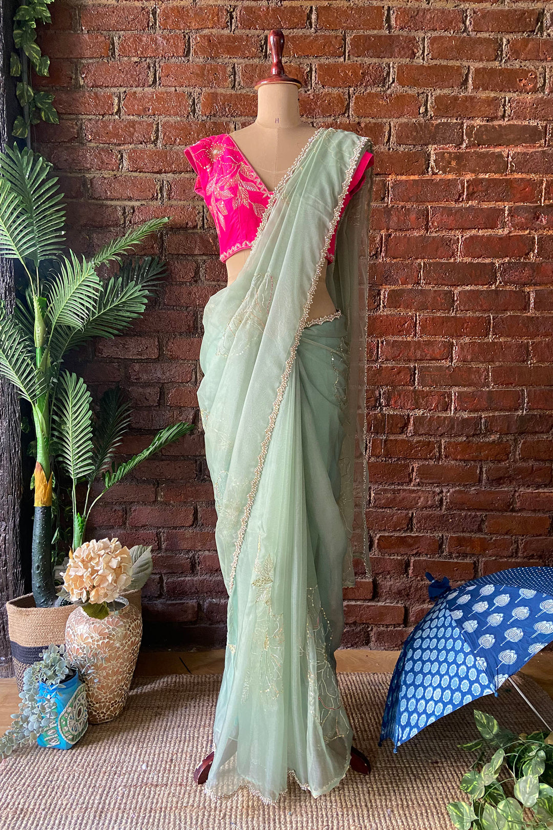 Sage Green Organza Embroidered Saree