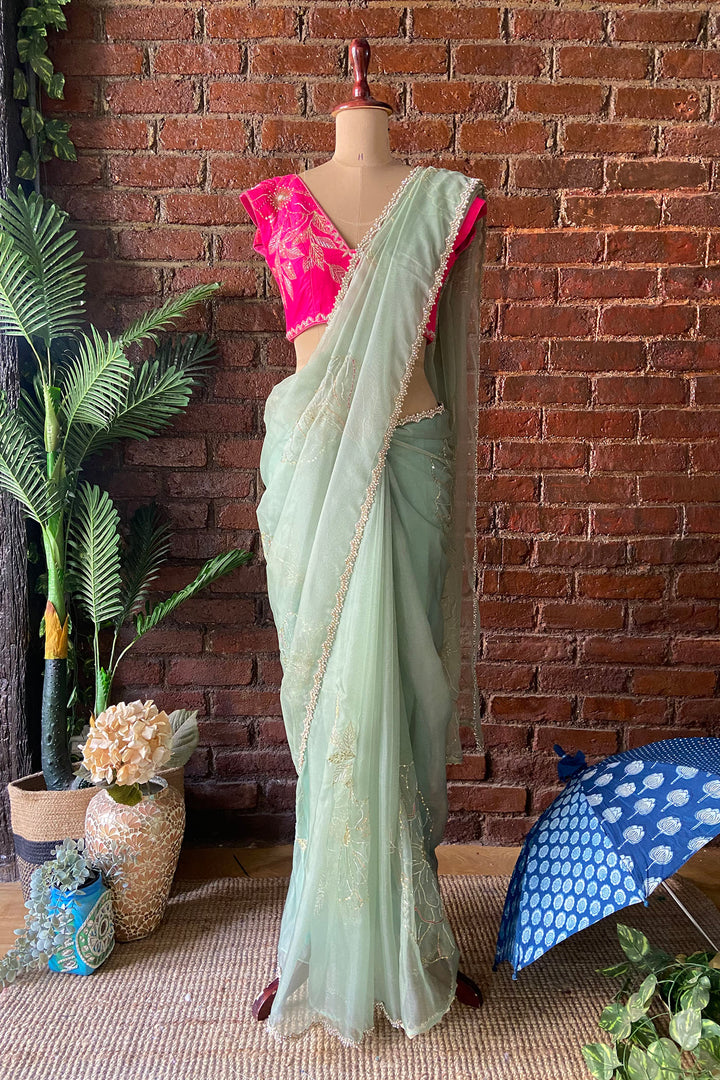 Sage Green Organza Embroidered Saree
