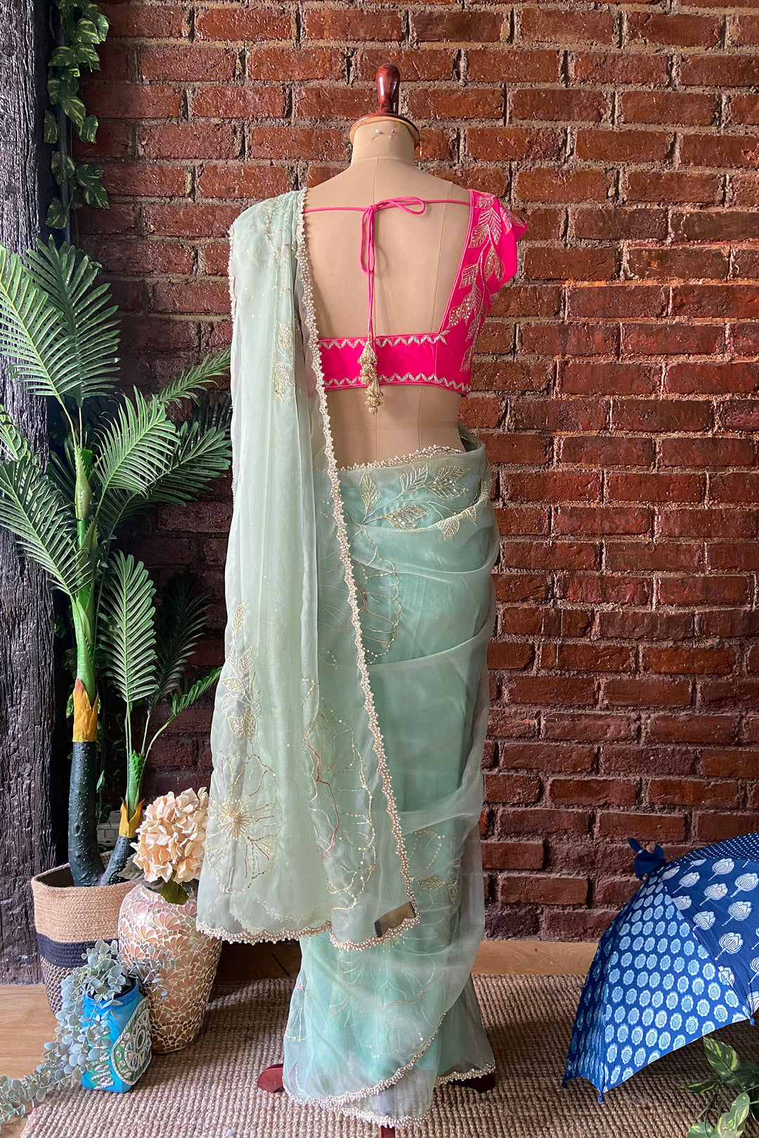 Sage Green Organza Embroidered Saree