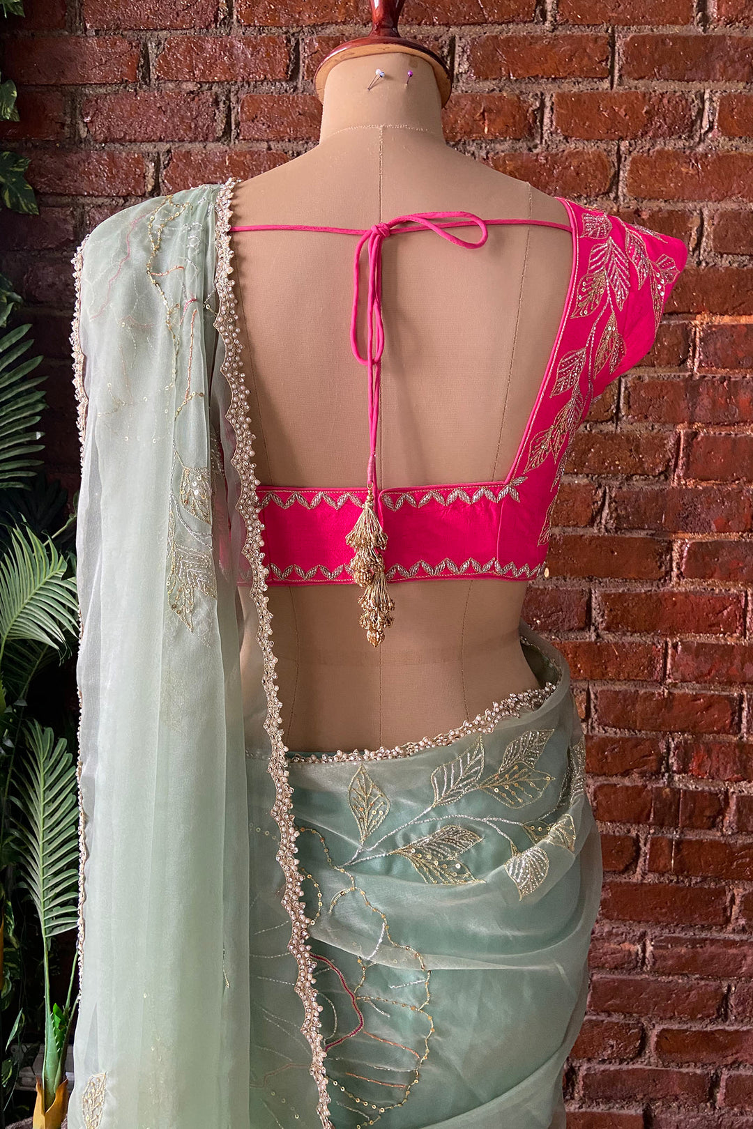 Sage Green Organza Embroidered Saree