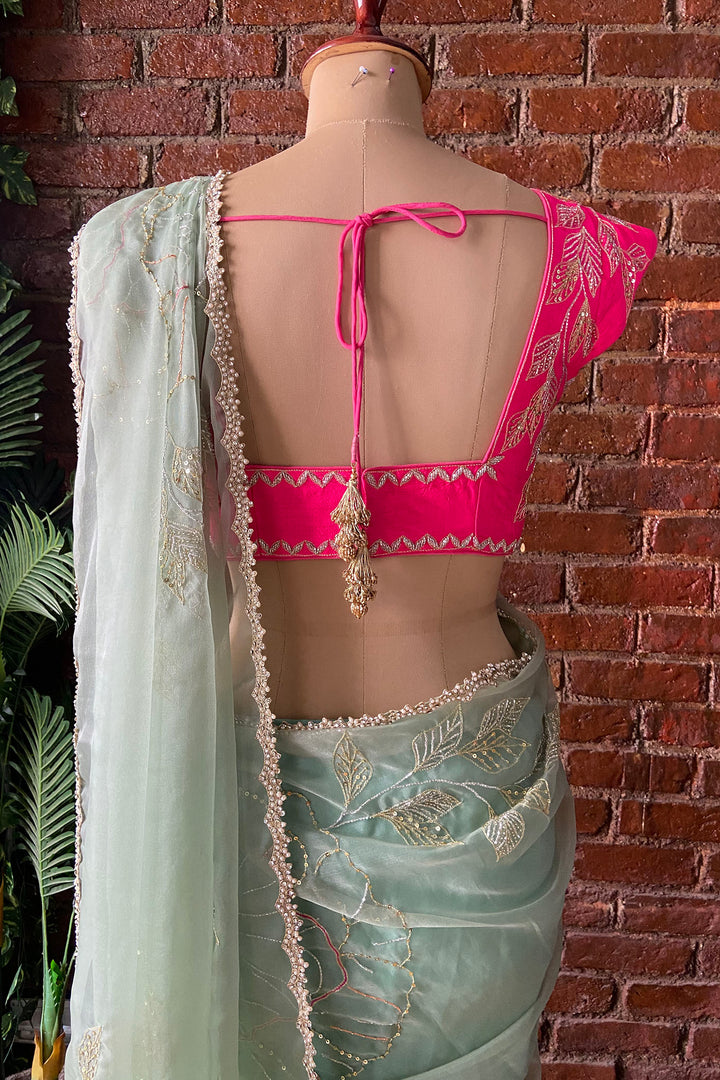 Sage Green Organza Embroidered Saree
