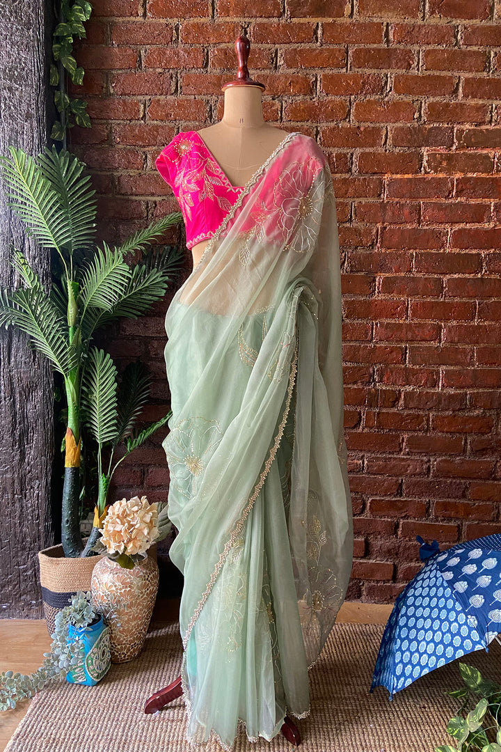 Sage Green Organza Embroidered Saree