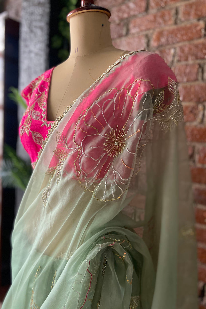 Sage Green Organza Embroidered Saree