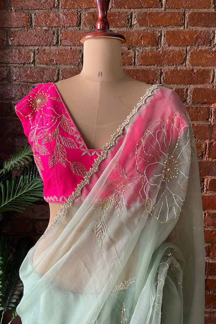 Sage Green Organza Embroidered Saree