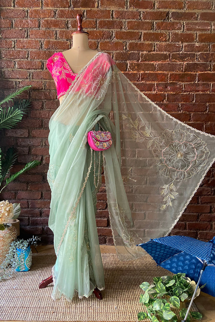 Sage Green Organza Embroidered Saree