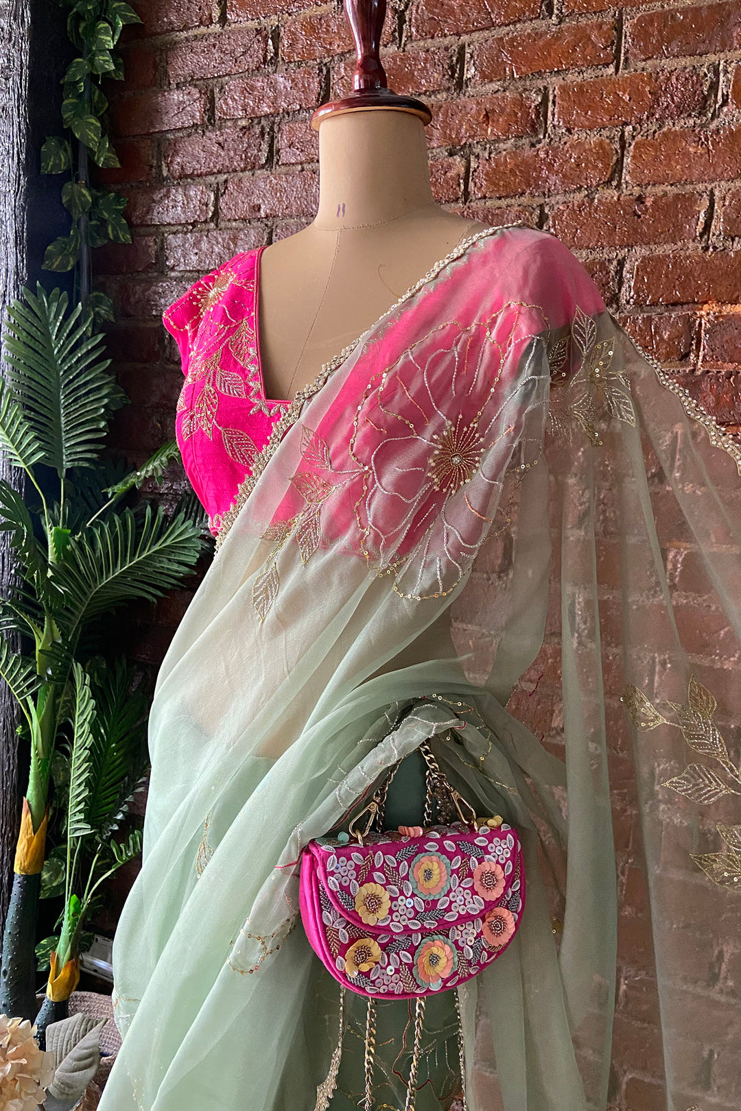 Sage Green Organza Embroidered Saree