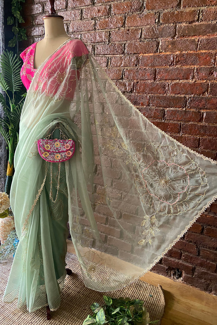 Sage Green Organza Embroidered Saree
